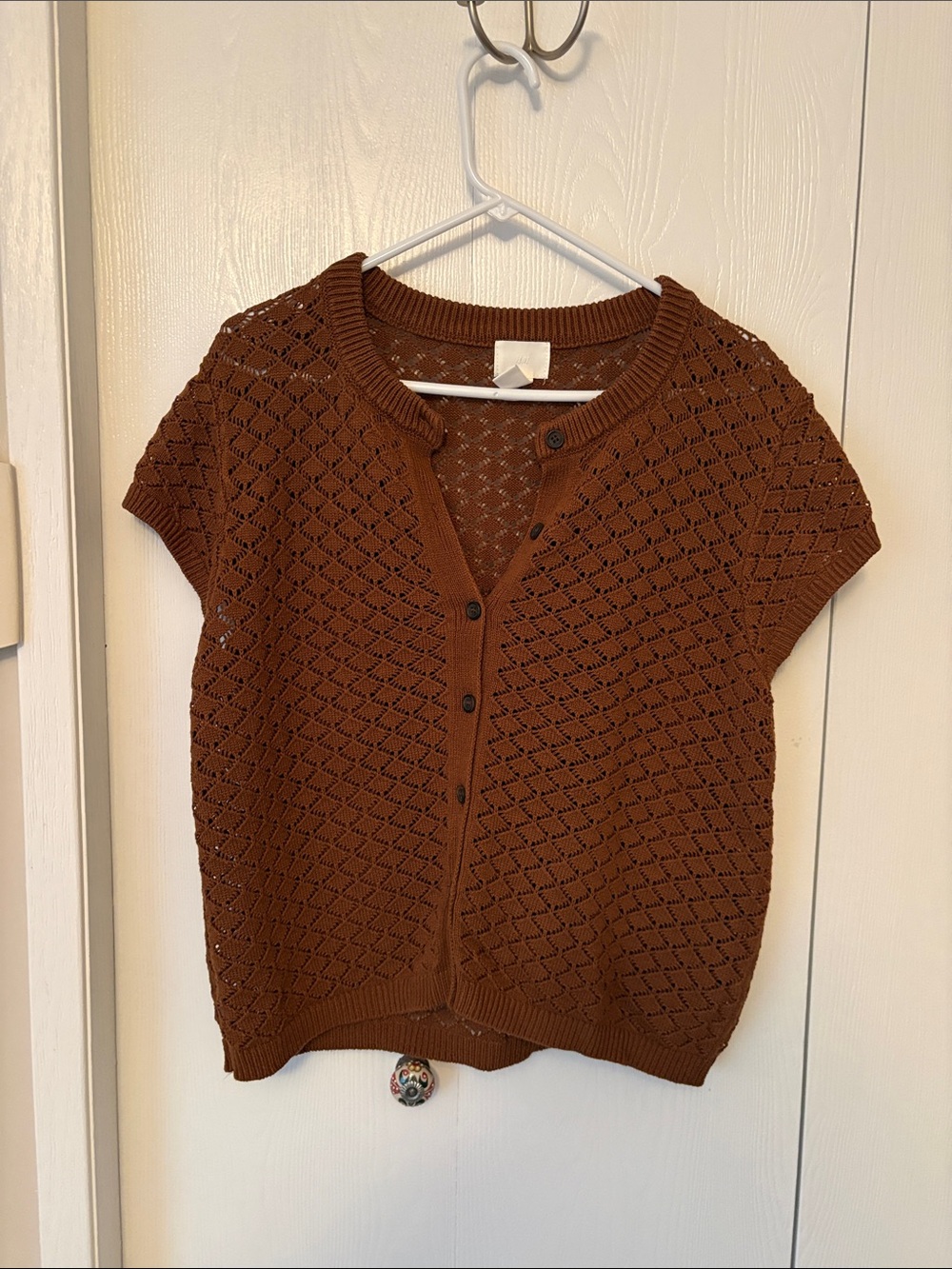 Short-Sleeve Openwork Cardigan in Brown